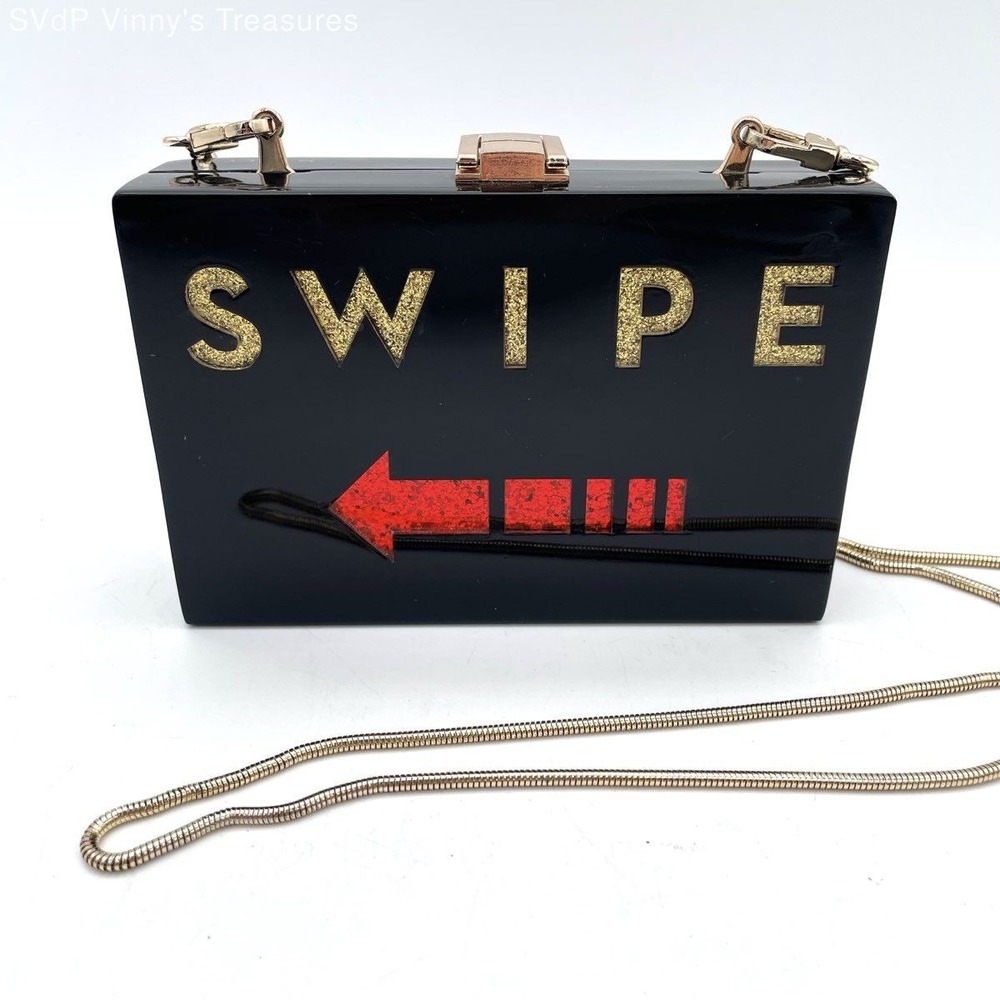 Milly Women's Black Acrylic Swipe Clutch Bag Glitter Graphic Gold Hardware COA